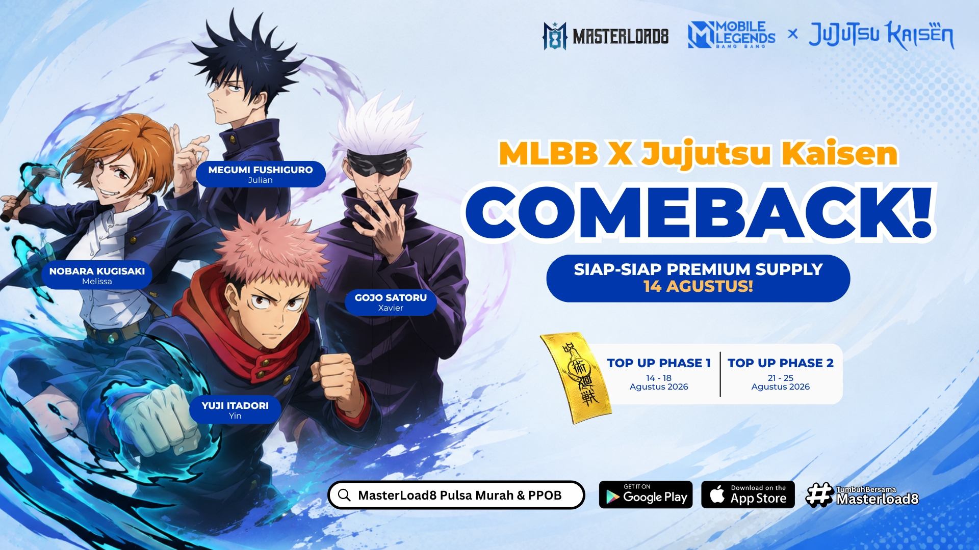 MLBB x Jujutsu Kaisen Comeback, Siap-Siap Premium Supply 14 Agustus di Masterload8